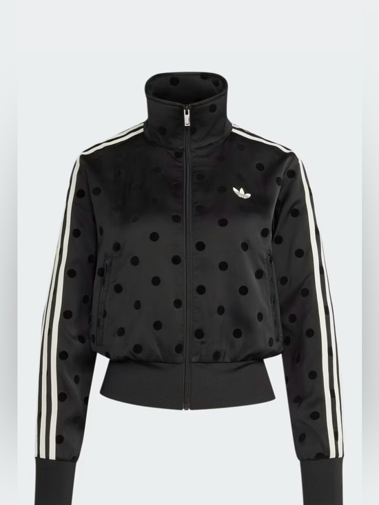 adidas Jackets & Blazers - Adidas NWT Black Satin Polka Dot Track Jacket with Signature White Stripes, Med.